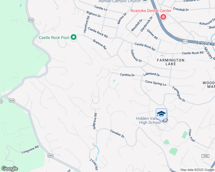 map of restaurants, bars, coffee shops, grocery stores, and more near 5647 Spring Meadow Drive in Roanoke