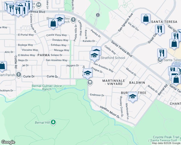 map of restaurants, bars, coffee shops, grocery stores, and more near 6582 San Ignacio Avenue in San Jose
