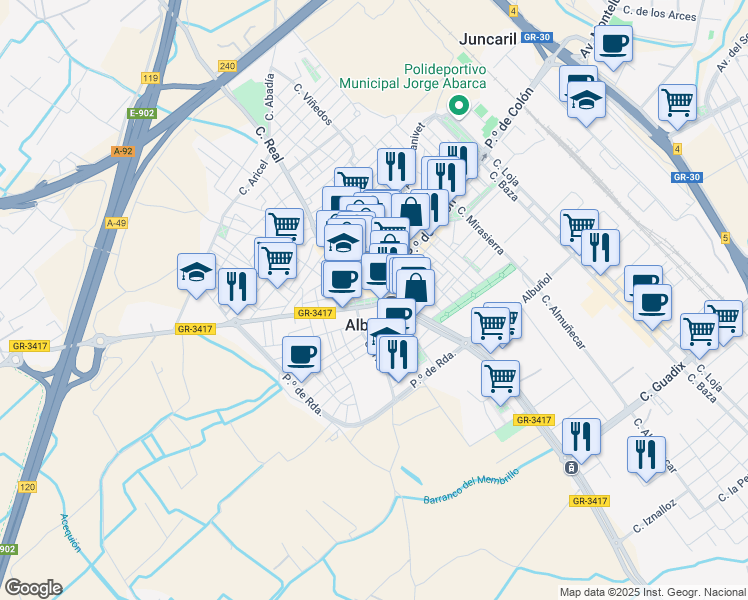 map of restaurants, bars, coffee shops, grocery stores, and more near in Albolote