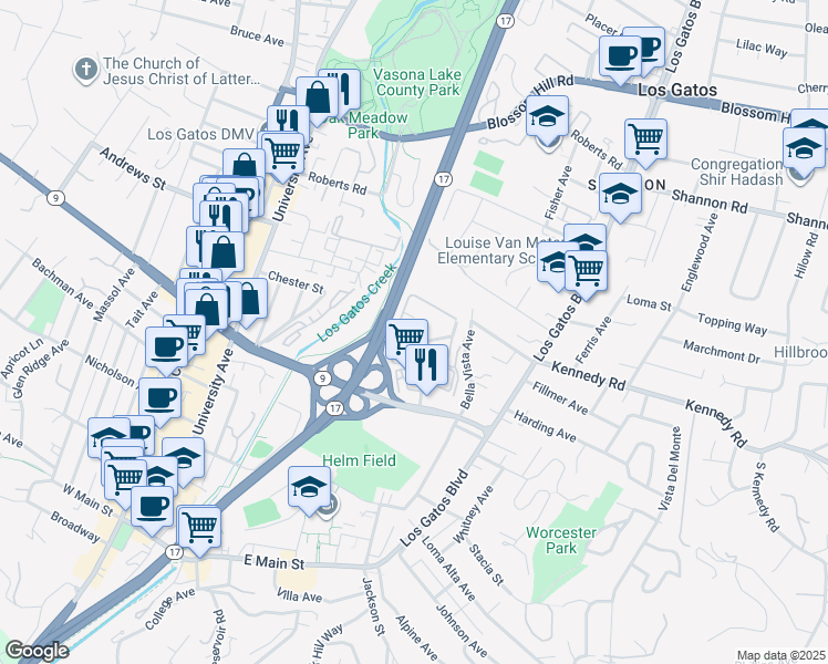 map of restaurants, bars, coffee shops, grocery stores, and more near 439 Alberto Way in Los Gatos
