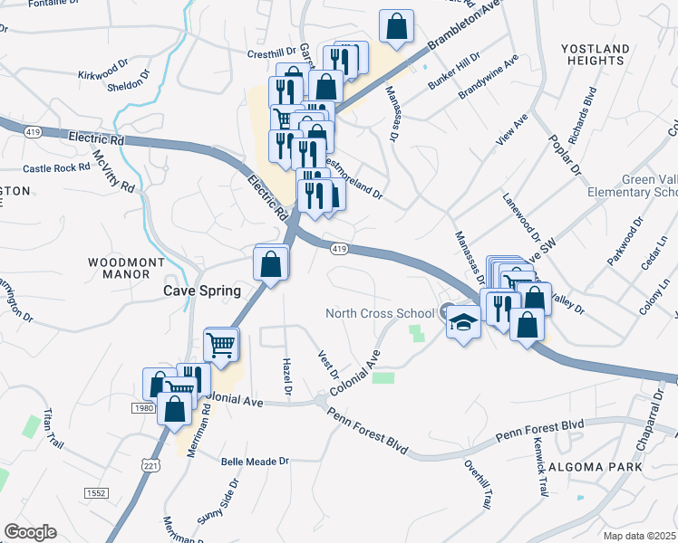 map of restaurants, bars, coffee shops, grocery stores, and more near 4515 Girard Drive in Cave Spring