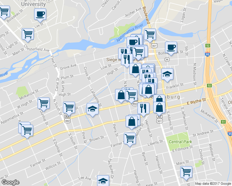map of restaurants, bars, coffee shops, grocery stores, and more near 247 Hinton Street in Petersburg