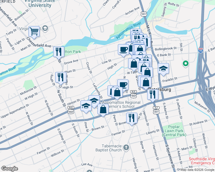 map of restaurants, bars, coffee shops, grocery stores, and more near 247 Hinton Street in Petersburg
