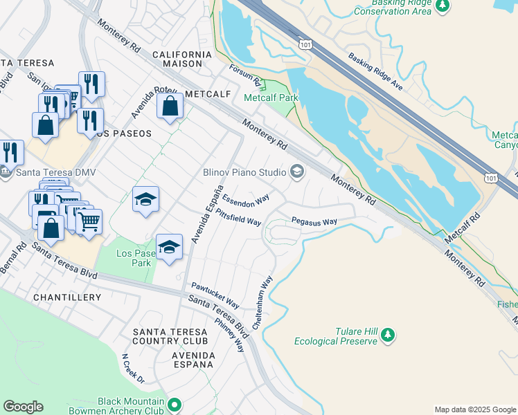 map of restaurants, bars, coffee shops, grocery stores, and more near 68 Essendon Way in San Jose