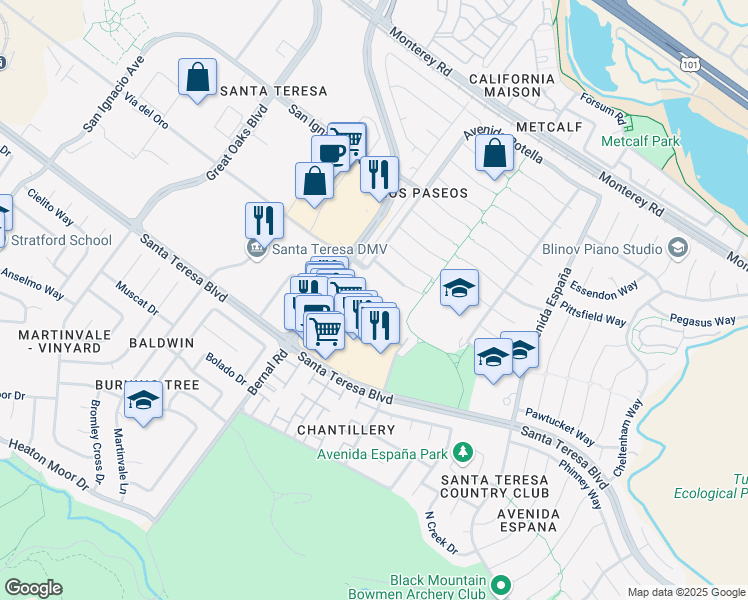 map of restaurants, bars, coffee shops, grocery stores, and more near 160 Sunwood Meadows Place in San Jose