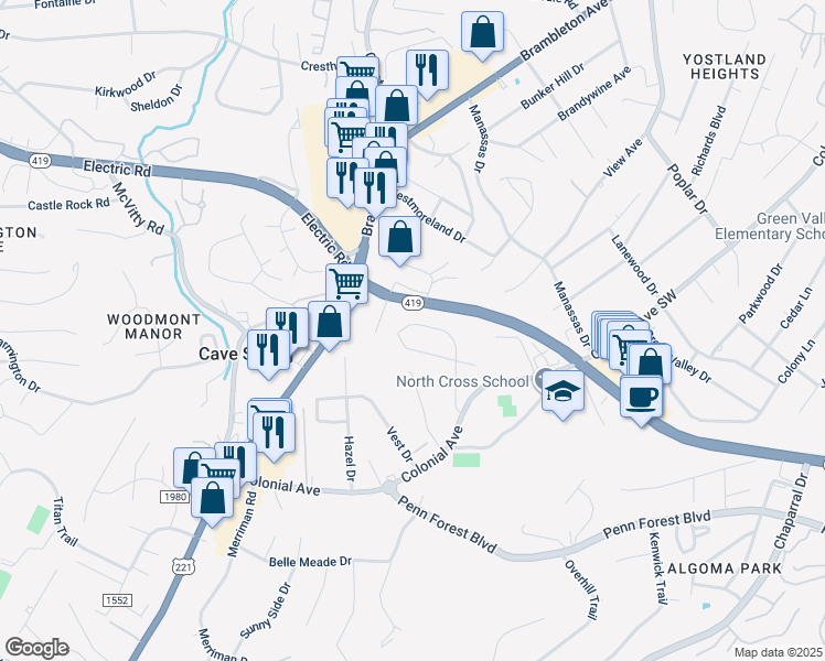 map of restaurants, bars, coffee shops, grocery stores, and more near 4515 Girard Drive in Cave Spring