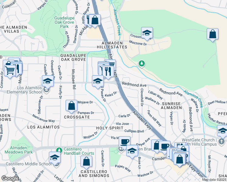 map of restaurants, bars, coffee shops, grocery stores, and more near 1121 Kelez Drive in San Jose