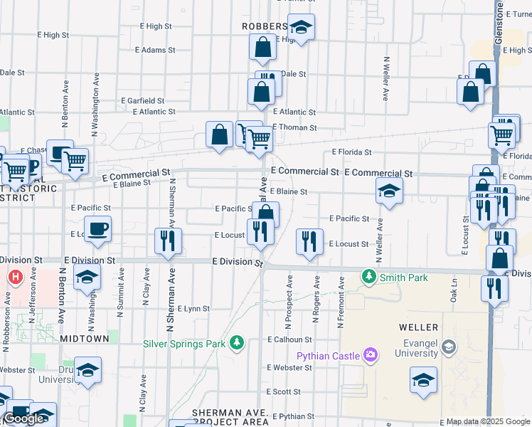 map of restaurants, bars, coffee shops, grocery stores, and more near in Springfield