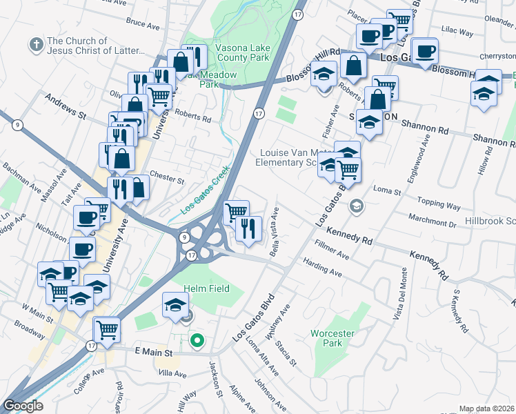 map of restaurants, bars, coffee shops, grocery stores, and more near 453 Alberto Way in Los Gatos