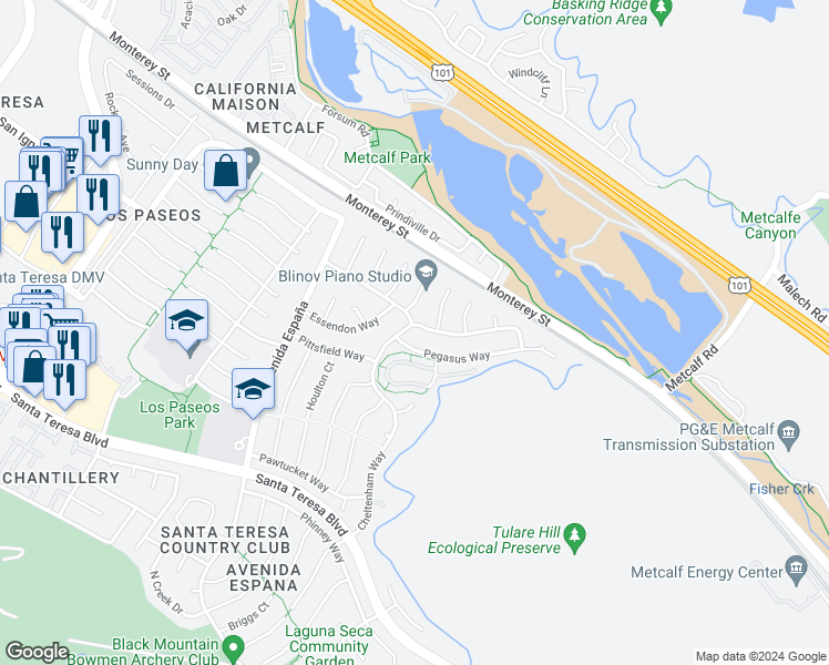 map of restaurants, bars, coffee shops, grocery stores, and more near 50 Cheltenham Way in San Jose