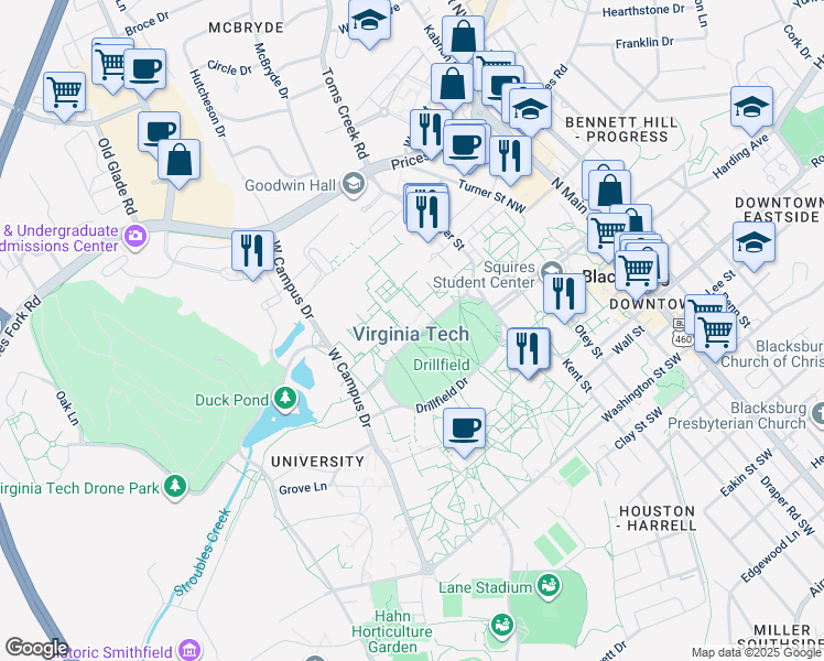 map of restaurants, bars, coffee shops, grocery stores, and more near in Blacksburg