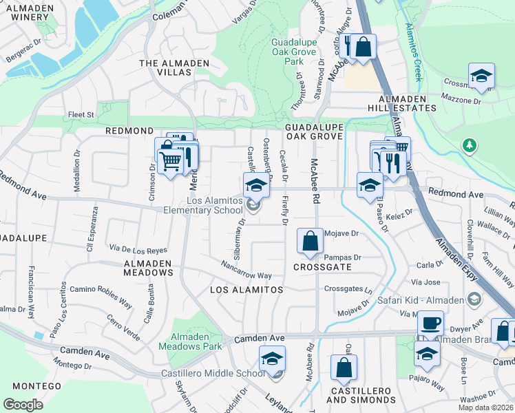 map of restaurants, bars, coffee shops, grocery stores, and more near 6130 Silberman Drive in San Jose