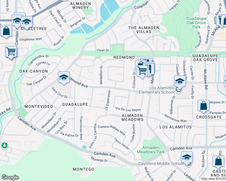map of restaurants, bars, coffee shops, grocery stores, and more near 1408 Redmond Avenue in San Jose