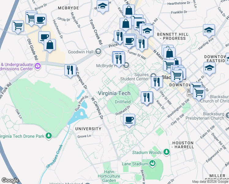 map of restaurants, bars, coffee shops, grocery stores, and more near in Blacksburg
