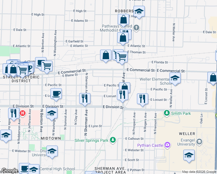 map of restaurants, bars, coffee shops, grocery stores, and more near 1066 East Pacific Street in Springfield