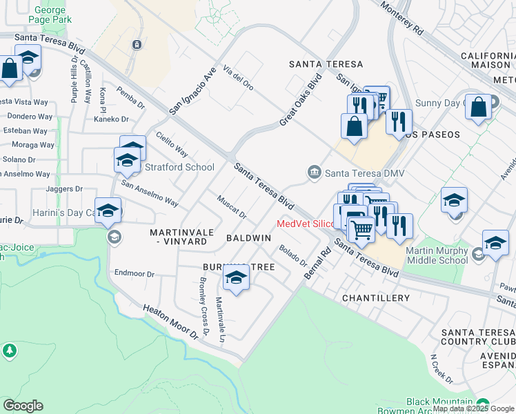 map of restaurants, bars, coffee shops, grocery stores, and more near 212 Arbor Valley Court in San Jose
