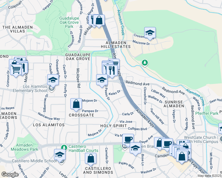 map of restaurants, bars, coffee shops, grocery stores, and more near 6283 Kelez Court in San Jose