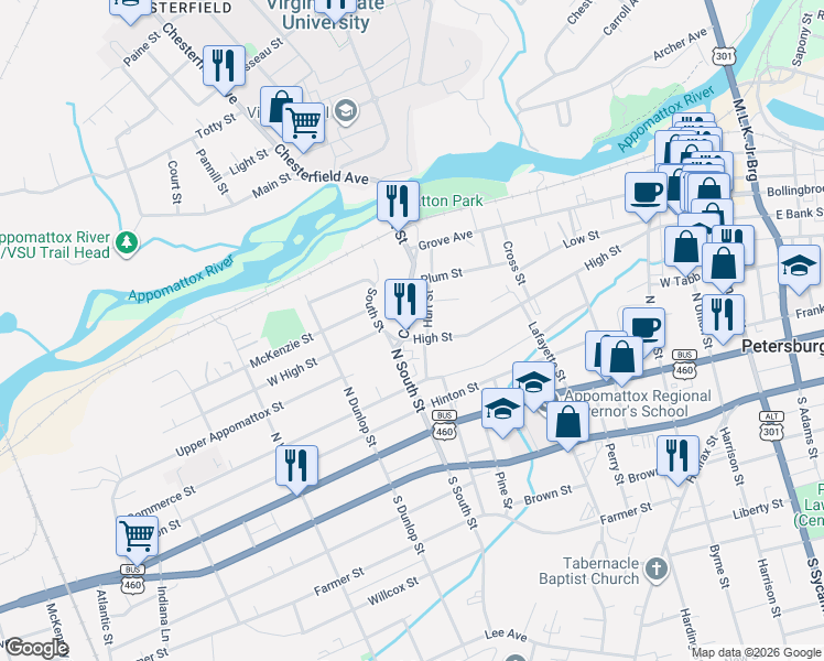 map of restaurants, bars, coffee shops, grocery stores, and more near 715 High Street in Petersburg