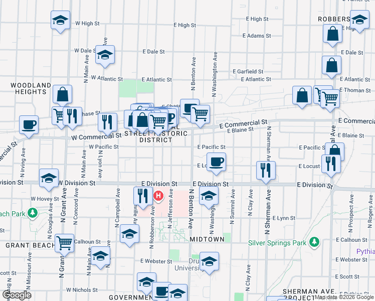 map of restaurants, bars, coffee shops, grocery stores, and more near 1635 North Benton Avenue in Springfield