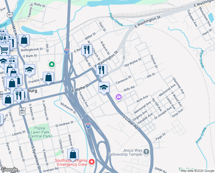 map of restaurants, bars, coffee shops, grocery stores, and more near 131 South Old Church Street in Petersburg