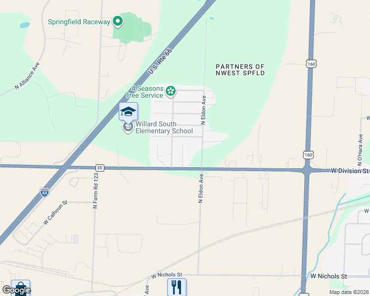 map of restaurants, bars, coffee shops, grocery stores, and more near 1552 North Marjorie Lane in Springfield