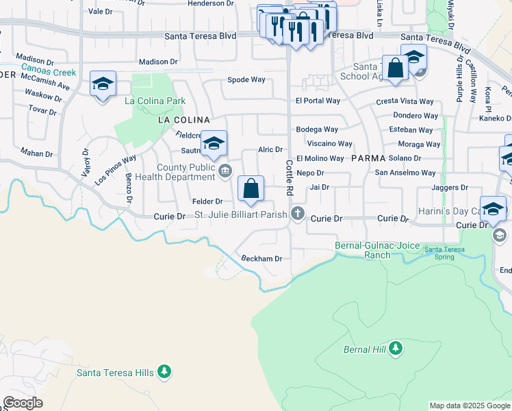 map of restaurants, bars, coffee shops, grocery stores, and more near 6355 Mayo Drive in San Jose