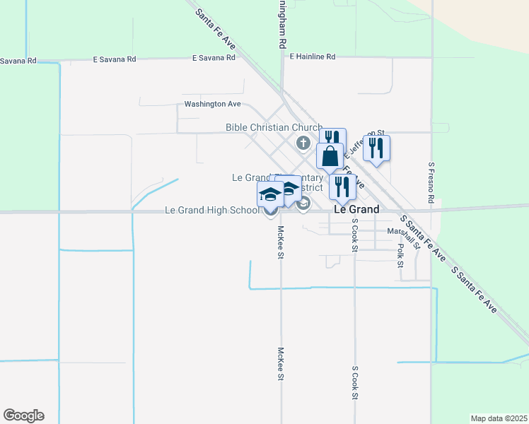 map of restaurants, bars, coffee shops, grocery stores, and more near 12961 East Le Grand Road in Le Grand