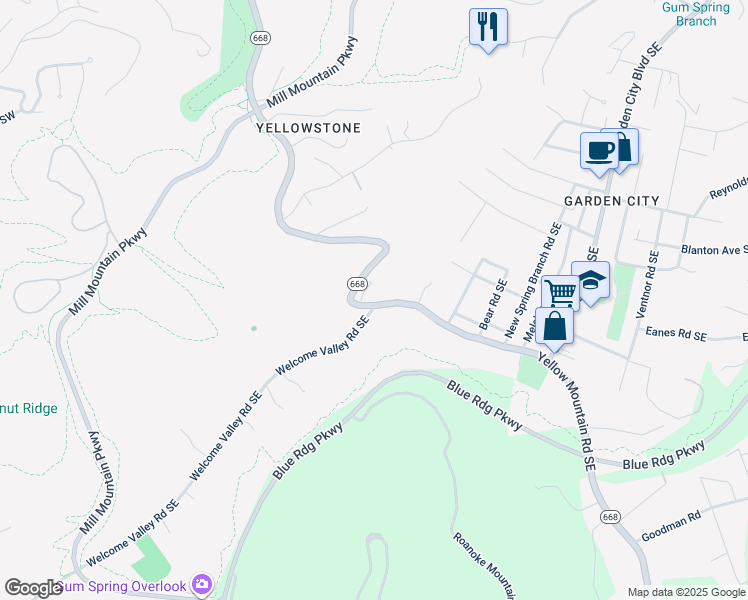 map of restaurants, bars, coffee shops, grocery stores, and more near 3502 Yellow Mountain Road Southeast in Roanoke