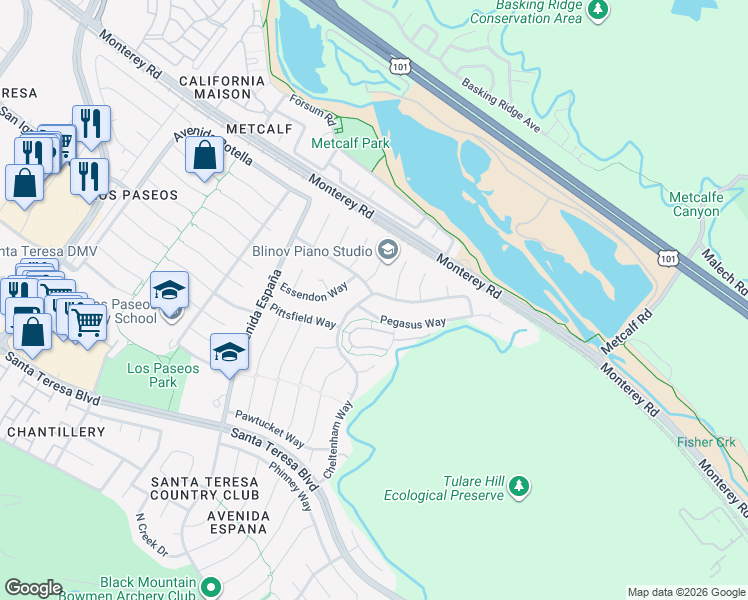 map of restaurants, bars, coffee shops, grocery stores, and more near 50 Cheltenham Way in San Jose