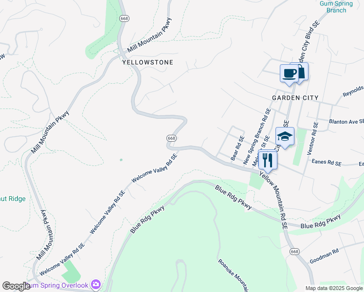 map of restaurants, bars, coffee shops, grocery stores, and more near 3502 Yellow Mountain Road Southeast in Roanoke