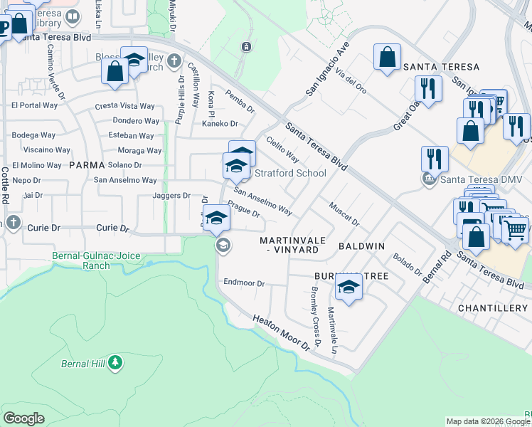map of restaurants, bars, coffee shops, grocery stores, and more near 221 Prague Drive in San Jose