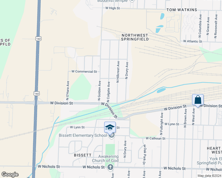 map of restaurants, bars, coffee shops, grocery stores, and more near 1554 N Colgate Ave in Springfield