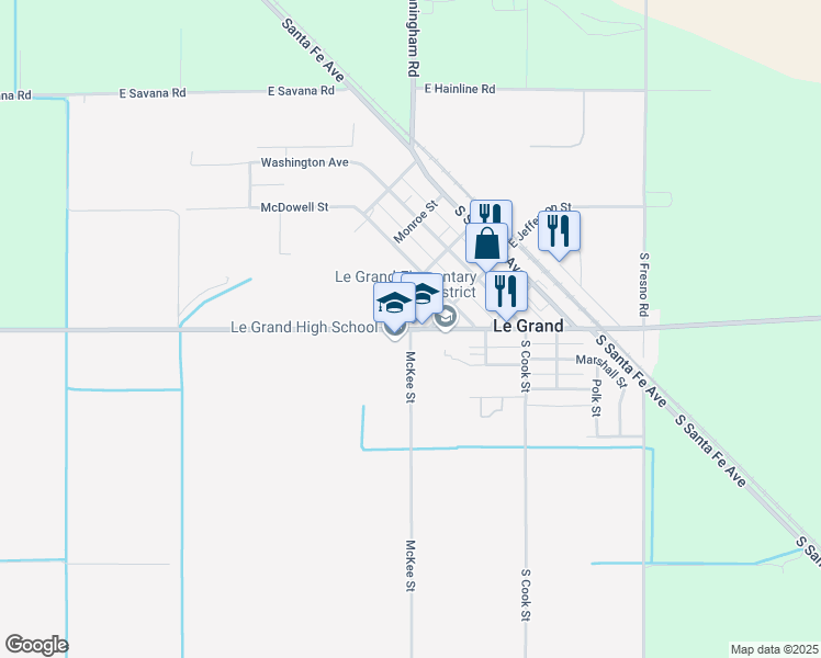 map of restaurants, bars, coffee shops, grocery stores, and more near Le Grand Road in Le Grand