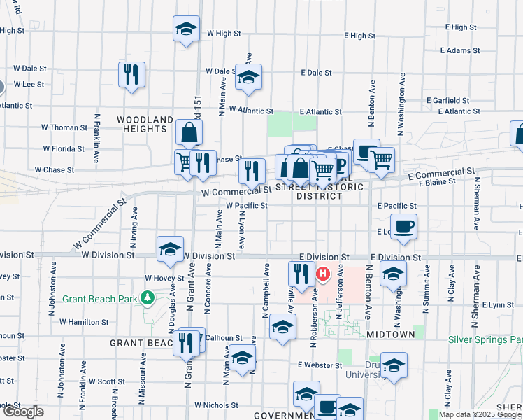 map of restaurants, bars, coffee shops, grocery stores, and more near 1631 North Campbell Avenue in Springfield