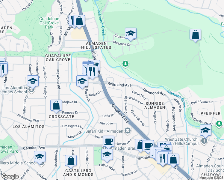 map of restaurants, bars, coffee shops, grocery stores, and more near 1128 Holly Oak Circle in San Jose
