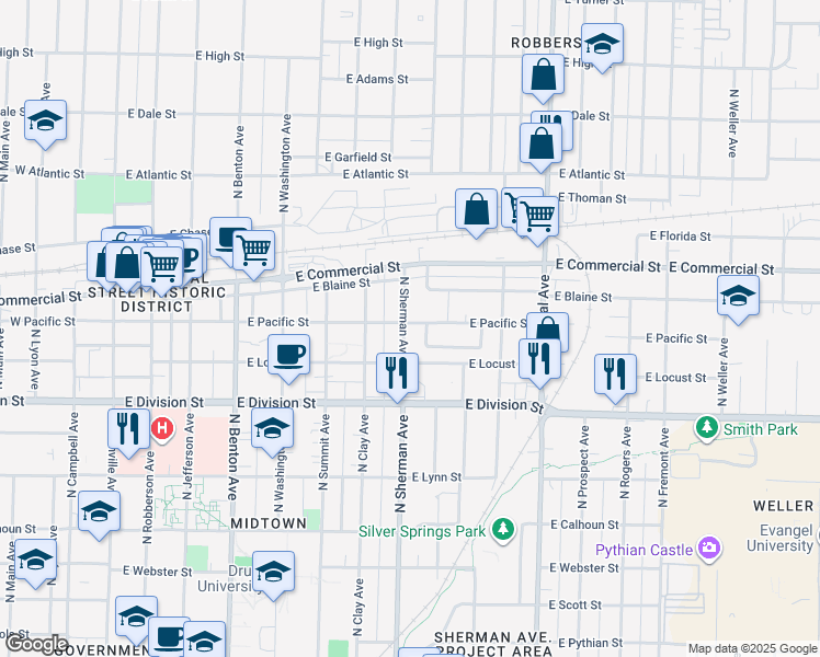 map of restaurants, bars, coffee shops, grocery stores, and more near 1636 North Sherman Avenue in Springfield