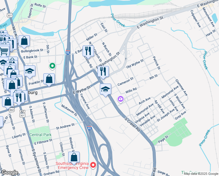 map of restaurants, bars, coffee shops, grocery stores, and more near 709 Cameron Street in Petersburg