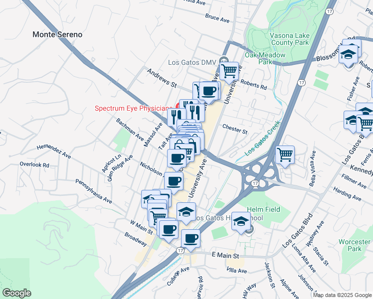 map of restaurants, bars, coffee shops, grocery stores, and more near 335 N Santa Cruz Ave in Los Gatos