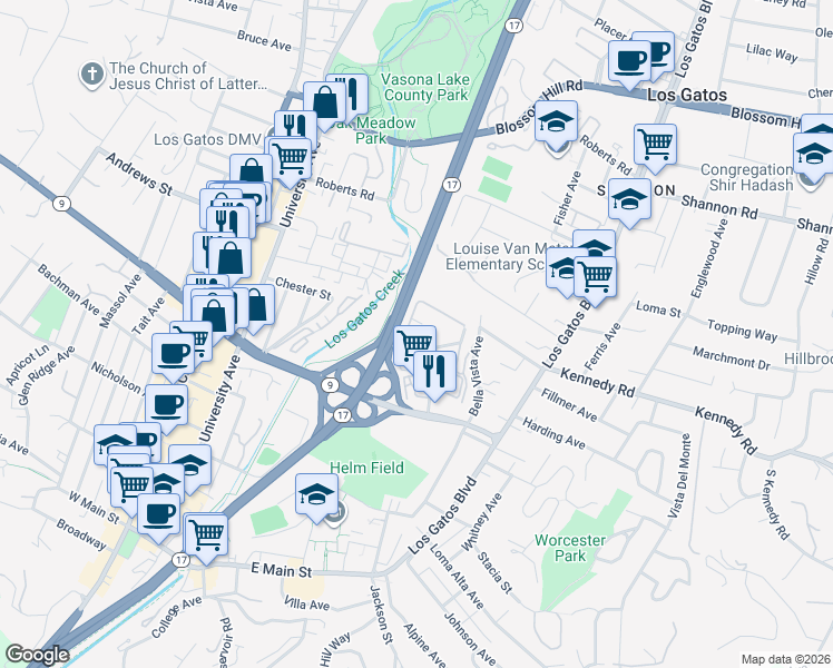 map of restaurants, bars, coffee shops, grocery stores, and more near 443 Alberto Way in Los Gatos