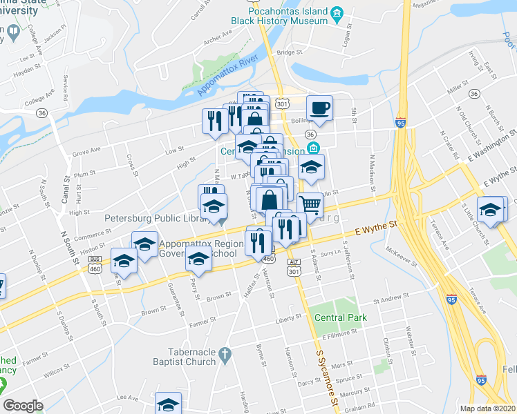 map of restaurants, bars, coffee shops, grocery stores, and more near 29 North Union Street in Petersburg