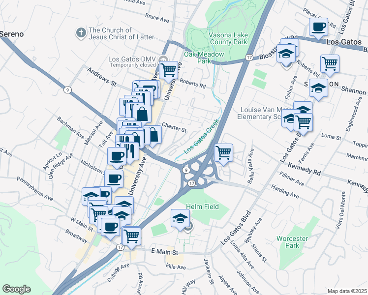 map of restaurants, bars, coffee shops, grocery stores, and more near 210 Creekside Village Drive in Los Gatos