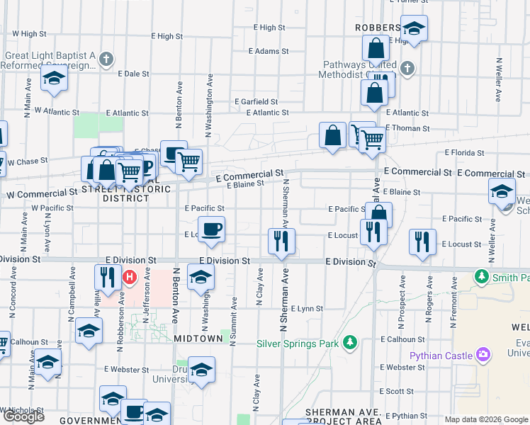 map of restaurants, bars, coffee shops, grocery stores, and more near 1636 North Clay Avenue in Springfield