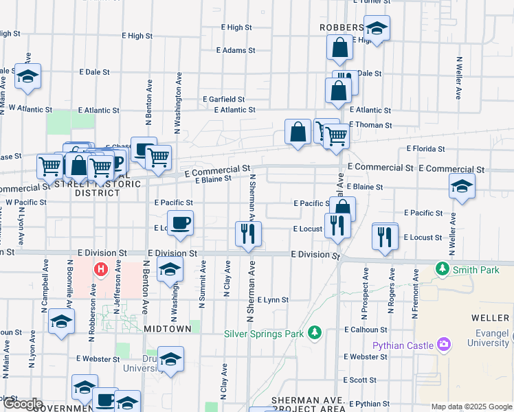 map of restaurants, bars, coffee shops, grocery stores, and more near 1636 North Sherman Avenue in Springfield
