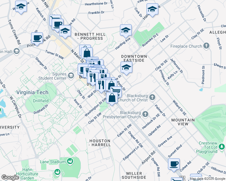 map of restaurants, bars, coffee shops, grocery stores, and more near 204 Church Street Northeast in Blacksburg