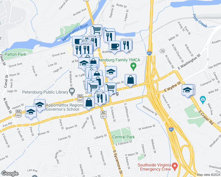 map of restaurants, bars, coffee shops, grocery stores, and more near 117 East Washington Street in Petersburg