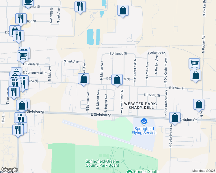 map of restaurants, bars, coffee shops, grocery stores, and more near 1706 North Hayes Avenue in Springfield