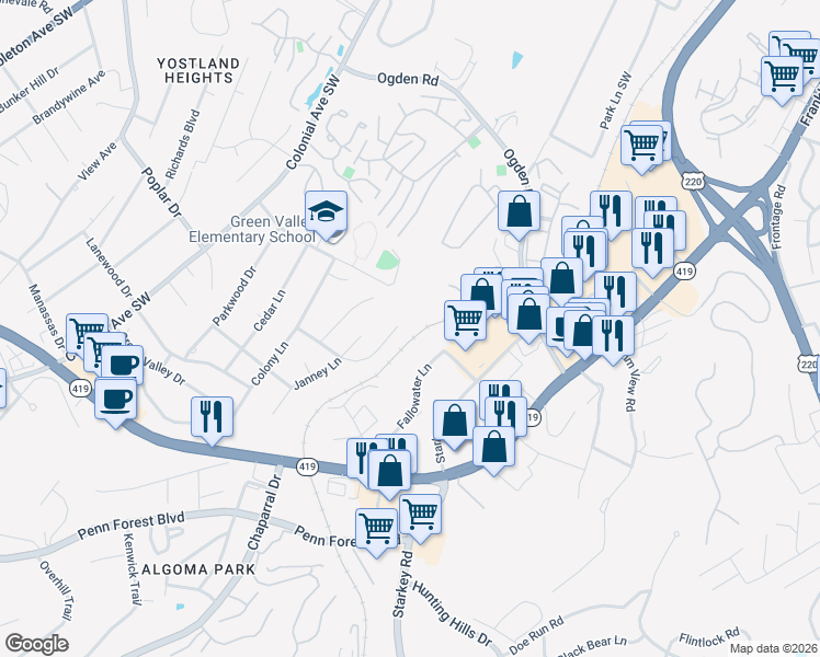 map of restaurants, bars, coffee shops, grocery stores, and more near 4065 Crawford Rd in Roanoke