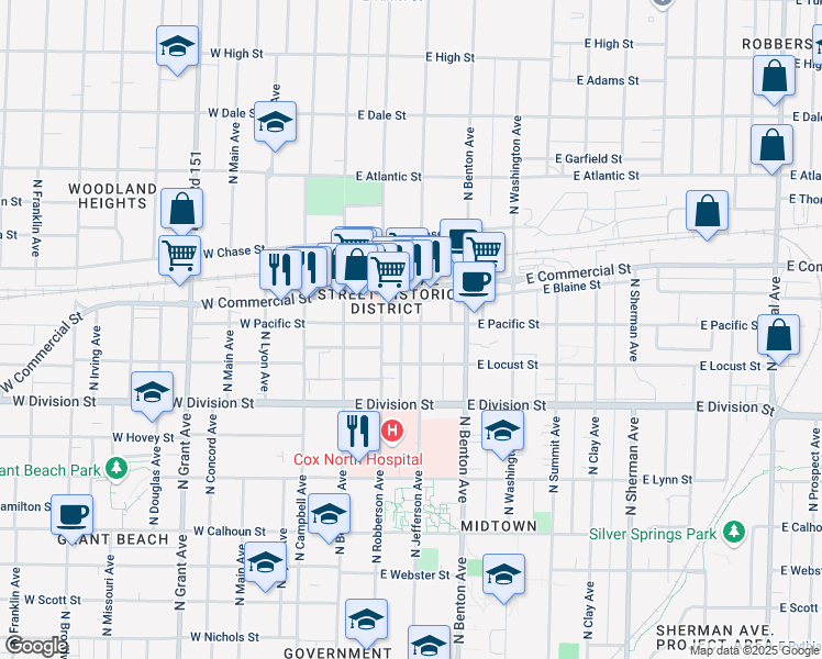 map of restaurants, bars, coffee shops, grocery stores, and more near 1639 North Jefferson Avenue in Springfield