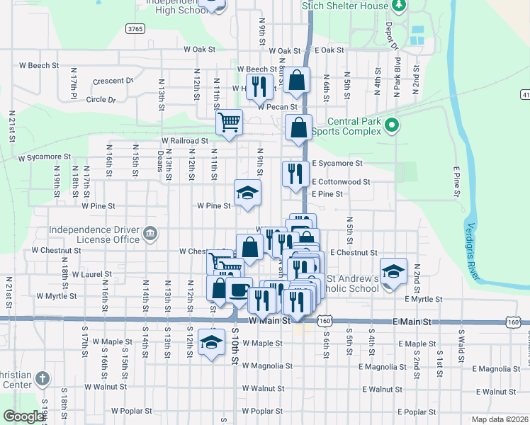map of restaurants, bars, coffee shops, grocery stores, and more near 514 North 9th Street in Independence
