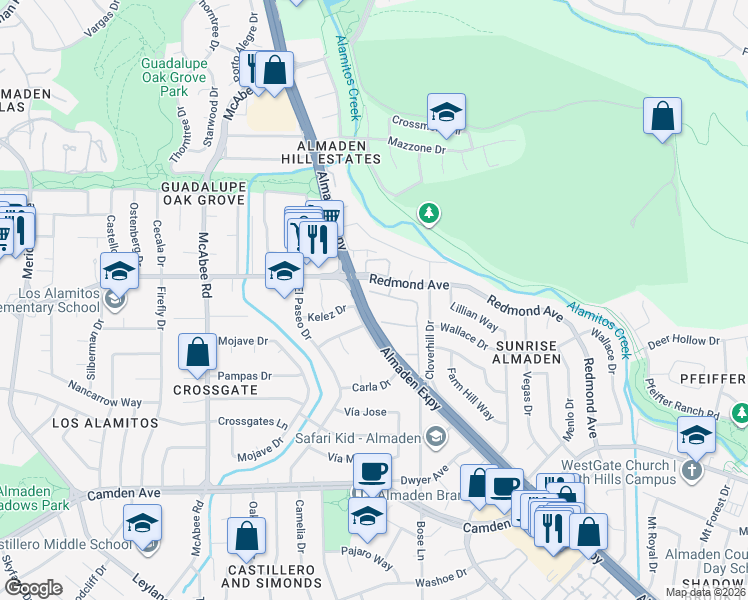 map of restaurants, bars, coffee shops, grocery stores, and more near 1134 Holly Oak Circle in San Jose